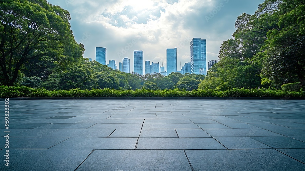 Aufkleber empty square floor and green forest with city skyline scenery : generative ai