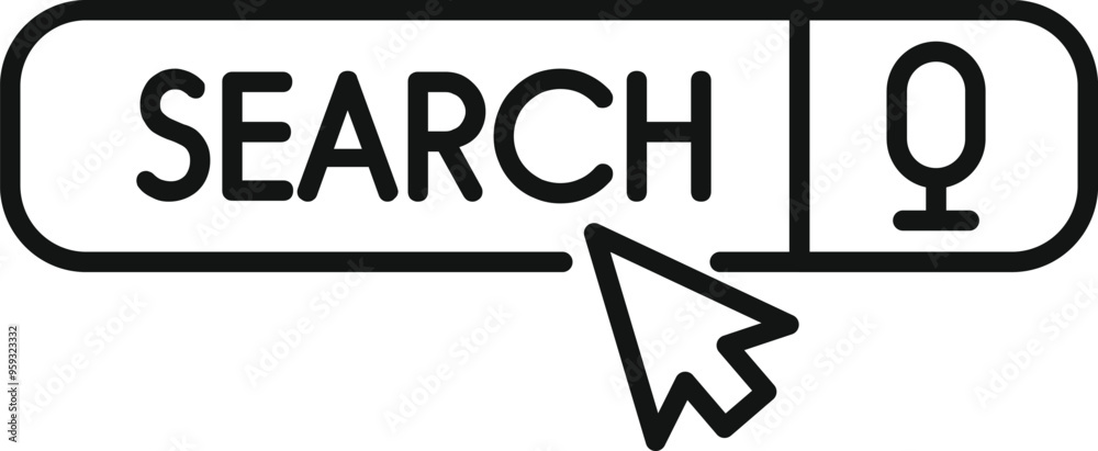 Poster linear icon of a search bar with a microphone icon and a mouse cursor clicking on it