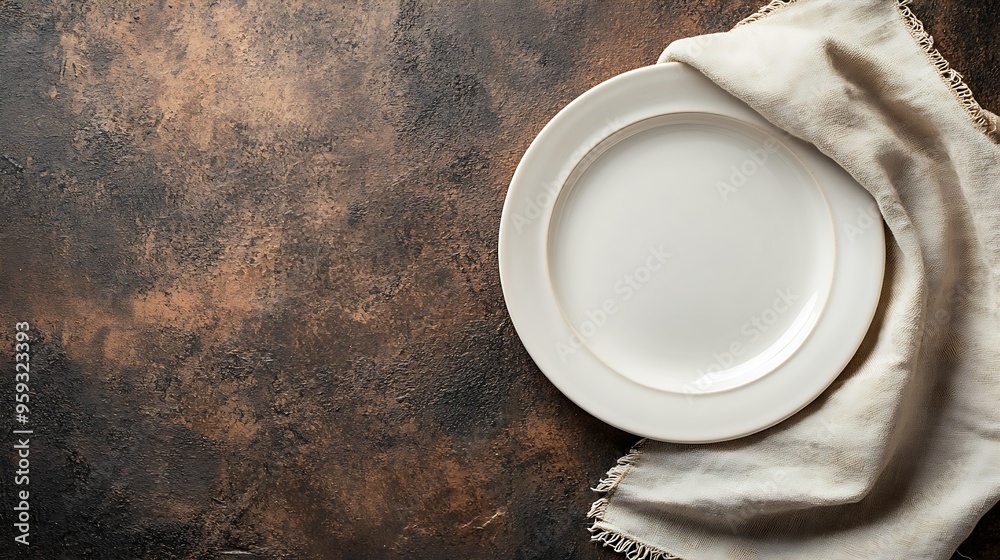 Poster Empty white plate with a beige linen napkin on a brown rustic background Top view flat lay copy space : Generative AI