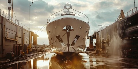 Luxury yacht being serviced in dry dock