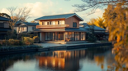 Obraz premium Japanese modern house in village along Yanagawa canal in morning Fukuoka Khushu Japan Tranquil city landscape : Generative AI