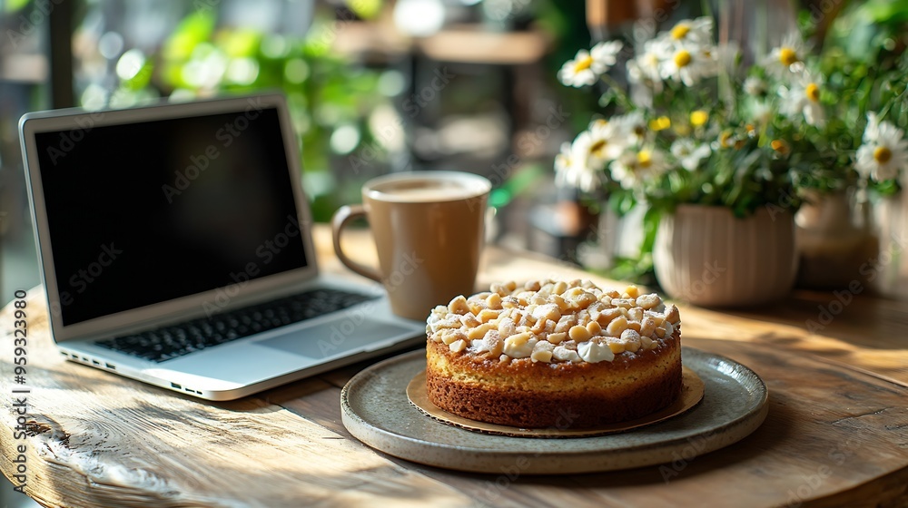Poster Photos of macadamia cake with chamomile tea on a coffee shop garden table with a notebook computer next to it : Generative AI