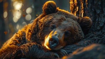 European Brown Bear Resting Against a Tree in the Wild