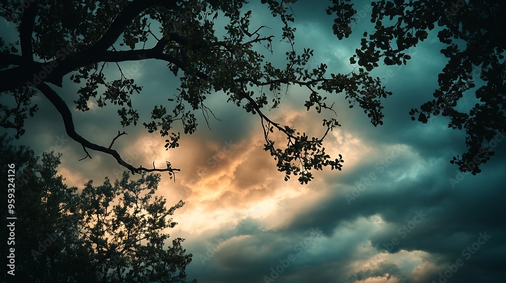 Aufkleber Trees beneath the dynamic clouds of the evening sky : Generative AI