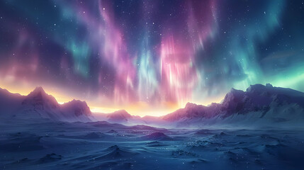 Fototapeta premium Aurora Borealis over Snowy Mountains - Night Sky Landscape Illustration
