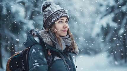 A full-body shot of a woman in winter gear, standing in a snowy forest. Her bundled-up attire and serene expression highlight the peacefulness of the winter season.