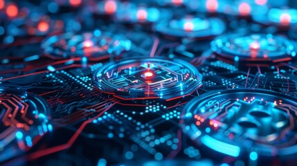 Fototapeta premium A futuristic 3D rendering of a blockchain network with digital coins, illustrating the transparency, security, and decentralized nature of cryptocurrency.