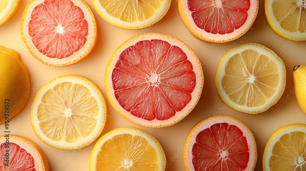 Poster creative layout made of grapefruit orange fruit and lemon on the beige background food concept macro