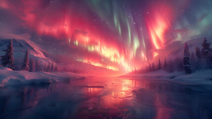 Aurora Borealis Illustration - Pink and Green Lights Dancing over Snowy Mountains and a Frozen River