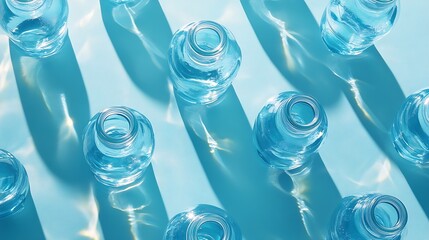 Minimal Pattern from Plastic bottles drinking water at sunlight with shadow on pastel blue aesthetic top view wide banner Pollution environmental protection Eco trend to reduce disposa : Generative AI