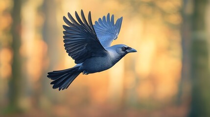 Fototapeta premium Western Jackdaw Coloeus monedula in flight on bright background Wildlife scene of nature in Europe : Generative AI