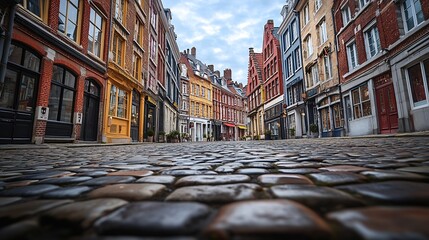 Vieux Lille old town quarter with empty narrow cobblestone street paving stone square with old colorful buildings in historical city centre French Flanders HautsdeFrance Region Norther : Generative AI