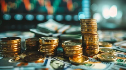 A heap of money surrounded by investment portfolios, illustrating the connection between wise investments and substantial financial returns.