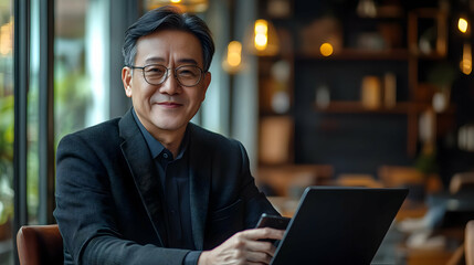 Fototapeta premium A smiling middle-aged man in glasses sits in a cafe, looking at the camera, with a laptop in front of him.