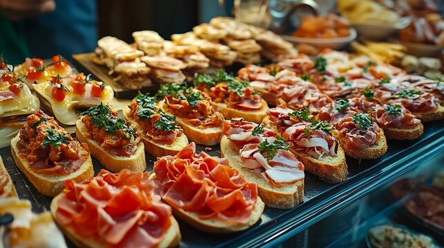 Typical italian finger food in Venice also called Cicchetti : Generative AI