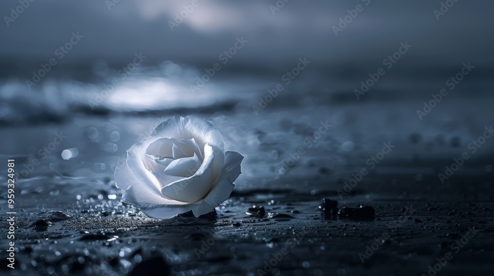 Wall mural A rose flower blooms on the black sands of a beach at night, bathed in the gentle glow of moonlight. The perspective view highlights the delicate petals and the serene, dark backdrop of the night.