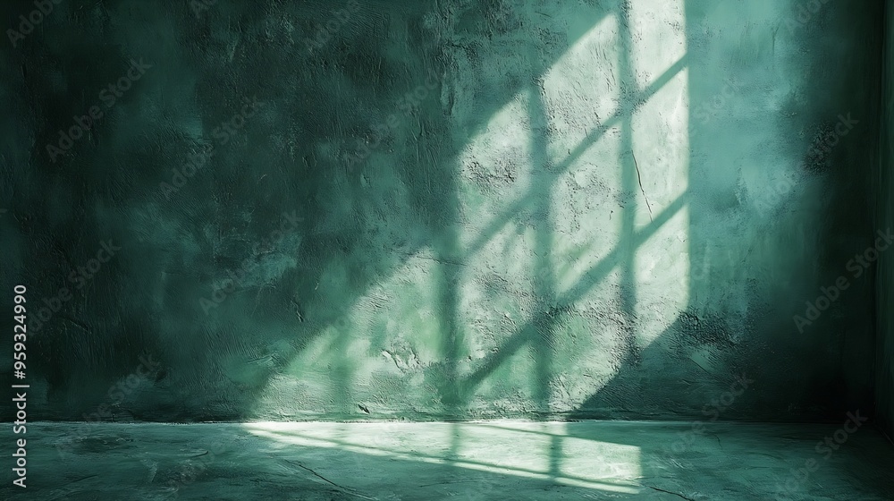 Poster minimal abstract green concrete background with light for product displayed shadow and light from windows on rustic plaster wall green studio backdrop cosmetic beauty presentation back : Generative AI