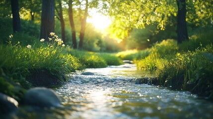 Bright May greens Picturesque landscape with a small river Evening pacifying landscape with a river and trees : Generative AI