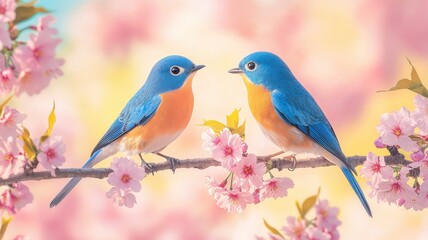 Fototapeta premium Two vibrant bluebirds perched on a cherry blossom branch, surrounded by soft pastel colors, embodying spring's beauty and cheer.