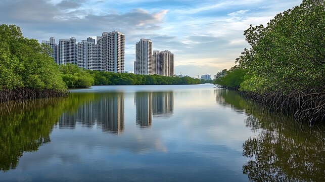 Mangrove Forest and pond in Sungei Buloh Wetland Reserve Singapore an important stopover point for migratory birdsThe background is the buildings of JOHOR BAHRU Malaysia : Generative AI