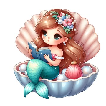 recommend clip art: Whimsical Watercolor Mermaid Reading in a Seashell with Pastel Tones.