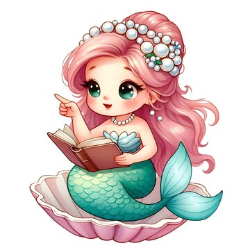 recommend clip art: Whimsical Watercolor Mermaid Reading in a Seashell with Pastel Tones.