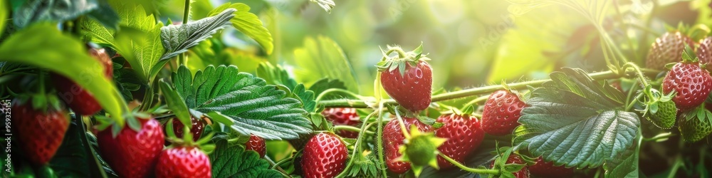 Poster fresh, juicy strawberries in a vibrant orchard