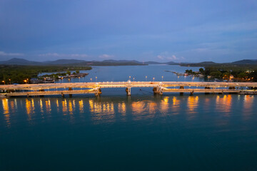 Naklejka premium Aerial view of Sarasin bridge road transportation background concept The bridge is a between Phang Nga and Phuket island Thailand