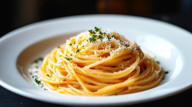 spaghetti espaguete ao molho branco de queijos with white cheese sauce isolated on black background in white plate with selective focus : Generative AI