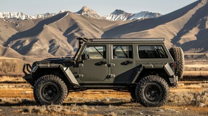 Obraz premium A rugged off-road vehicle from the side, showcasing its durable build and all-terrain capabilities. Built for adventure and exploration.