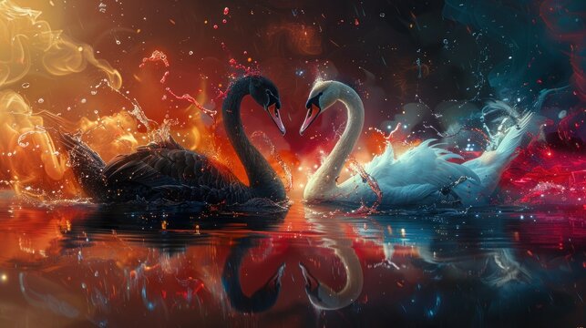 Swan Serenade: Vector Illustration of Black and White Swans Playing Saxophone in Colorful Music Print Design