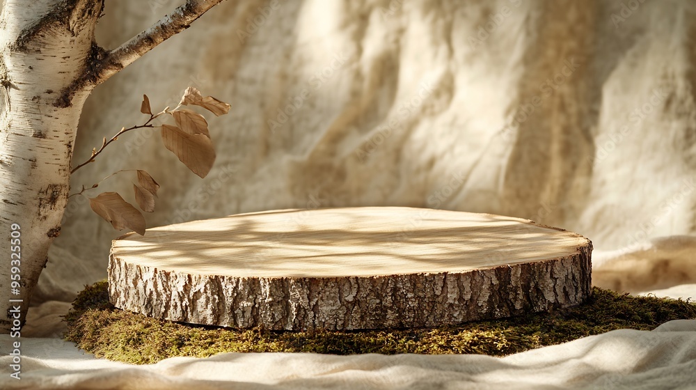 Poster wood podium platform on beige background with bark of birch wood branch green moss empty showcase fo