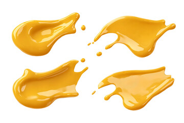 Realistic yellow mustard spots, splashes and drops, isolated cutout set on transparent background