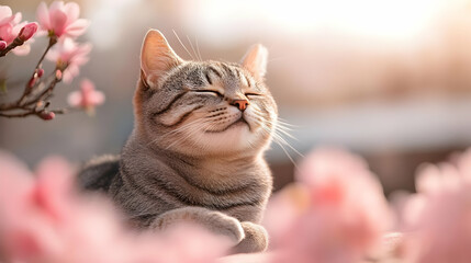 Fototapeta premium A tabby cat with closed eyes, relaxing in the sun, surrounded by pink blossoms.
