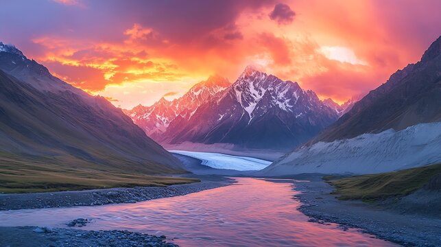 Zanskar valley after sunset with a glacier at the background : Generative AI