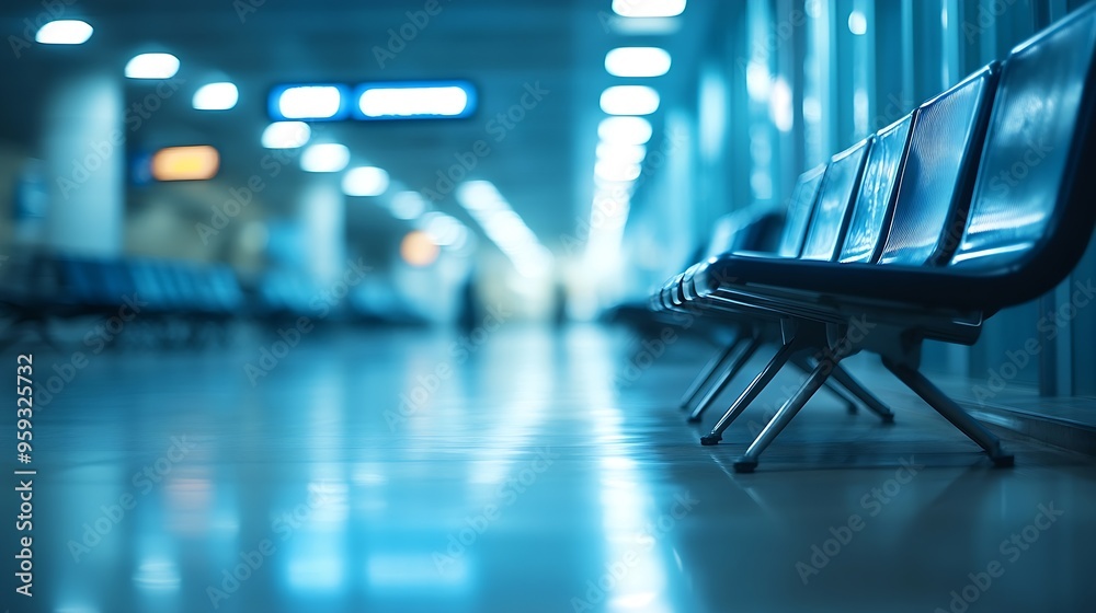 Poster empty airport terminal waiting area with chairs blured background : generative ai