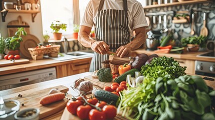 Fototapeta premium A serene home kitchen scene featuring a close-up of a person preparing a meal on a rustic table, with fresh ingredients illuminated by natural light