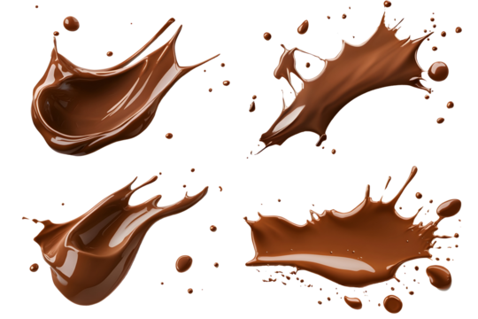 Realistic chocolate splashes in various shapes isolated on transparent background for confectionery and ingredient concept