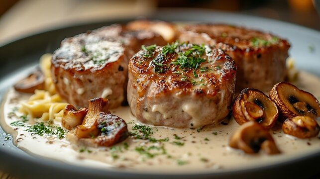 Modern style traditional barbecue pork filet medaillons in cream sauce with chanterelle mushrooms and spaetzle offered as closeup on a Nordic design plate : Generative AI