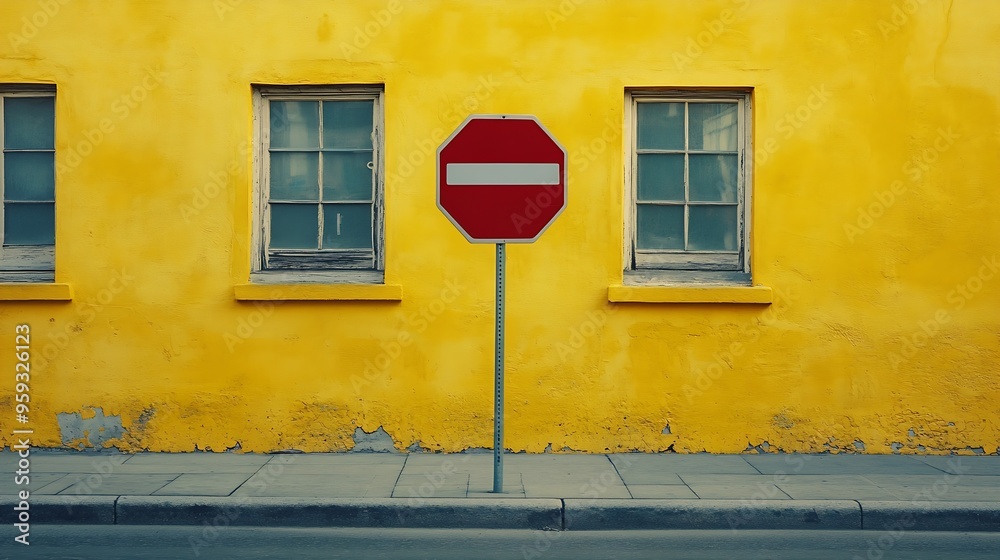 Poster stop traffic sign on concrete sidewalk pale yellow plaster facade with windows on behind urban stree