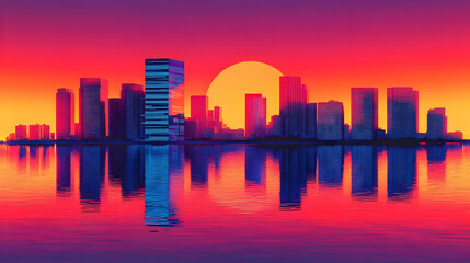 A vibrant cityscape silhouetted against a colorful sunset, reflected in the still waters of a lake.