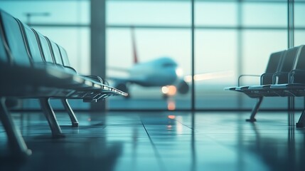 Obraz premium Defocused empty airport terminal lounge with airplane on background : Generative AI