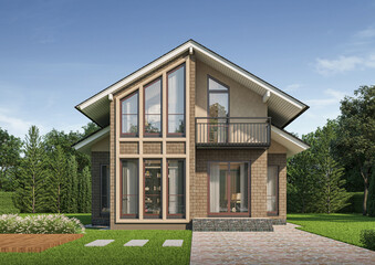 American house style exterior daylight with lawn grass.3d rendering