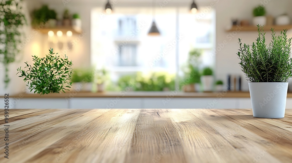 Poster kitchen table background wood counter top on blur of white clean abstract home interior with bokeh u