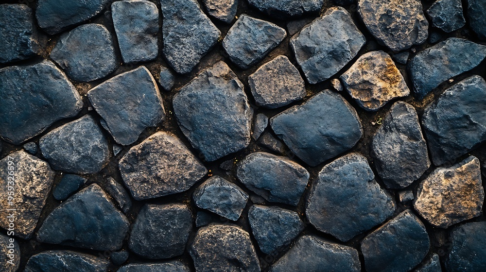 Poster Dark gray cobblestone pavement from old rough stones as background top view close up : Generative AI