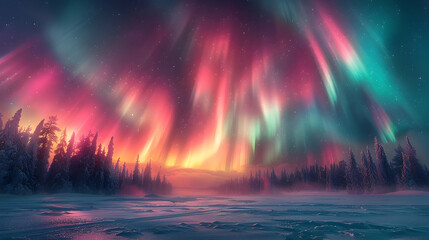 Aurora Borealis Night Sky Over Snowy Forest Landscape - Illustration