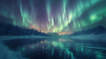 Naklejka premium Northern Lights Reflecting in Frozen Lake - Landscape Photography
