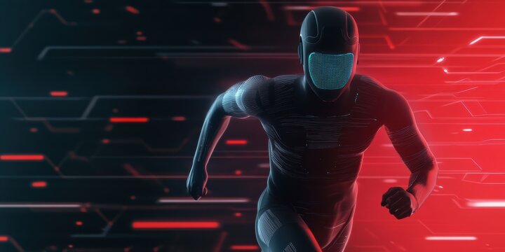 High-performance athlete, holographic performance data overlay, advanced body analytics, sleek digital environment