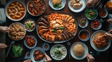 Fototapeta premium Traditional Malaysian Chinese home cooked food during reunion dinner directly above view : Generative AI
