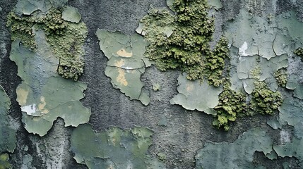 cement wall adorned with moss and cracked peeling paint : Generative AI